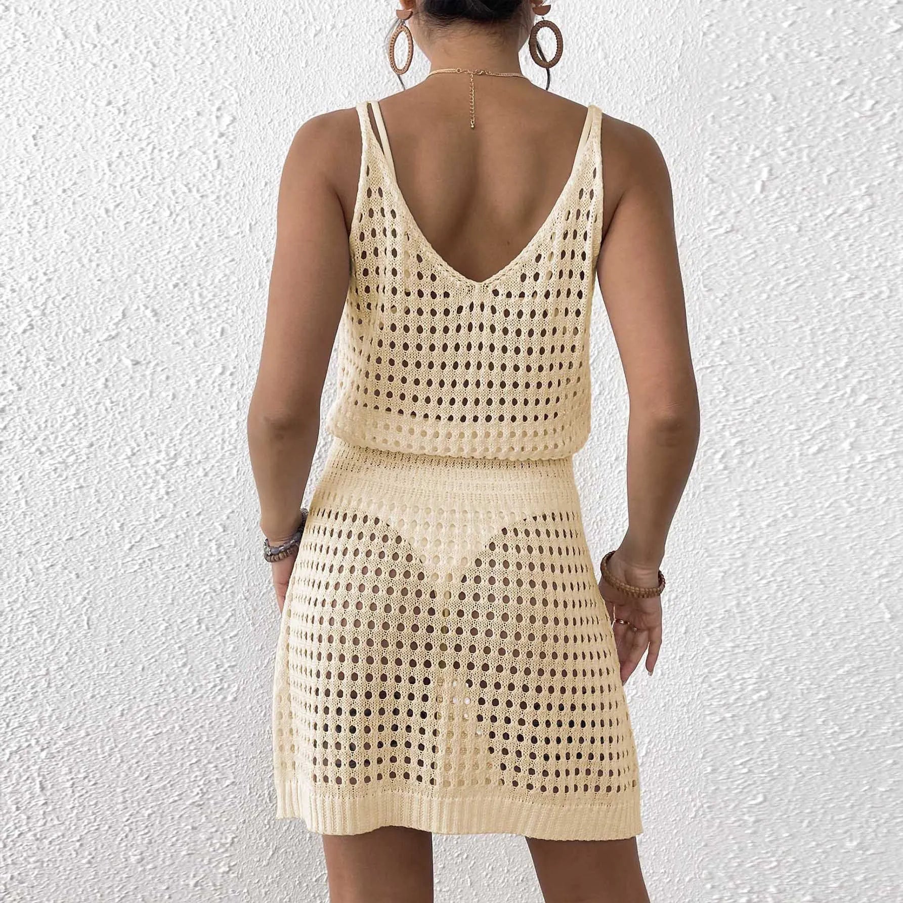 V-neck Hollow Crochet Knit Spaghetti Strap Beach Cover-up Dress