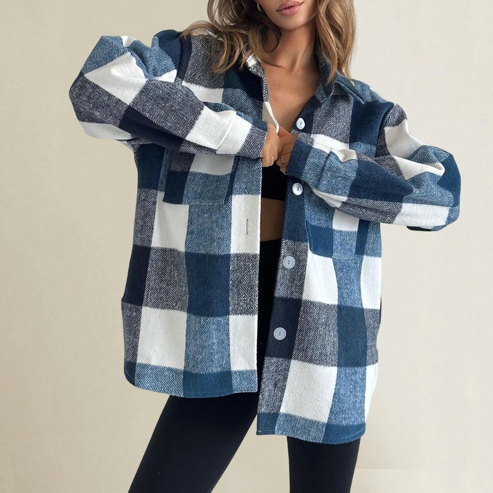 Grey Black Check Shacket, Loose Long Sleeve Plaid Shirt Jacket for Autumn