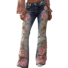 Retro Floral Embossed Flare Jeans