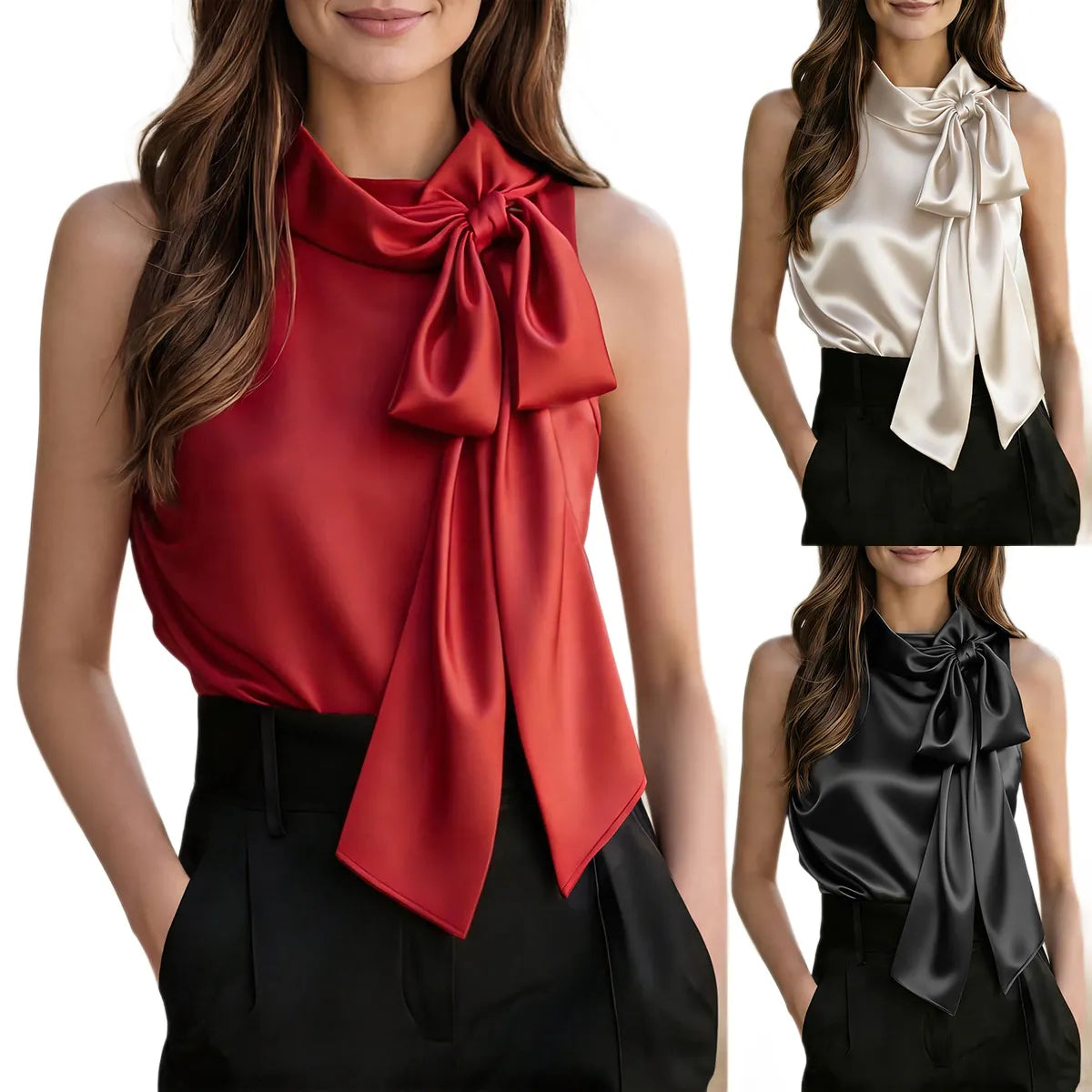 Satin Halter Bow Sleeveless Blouse