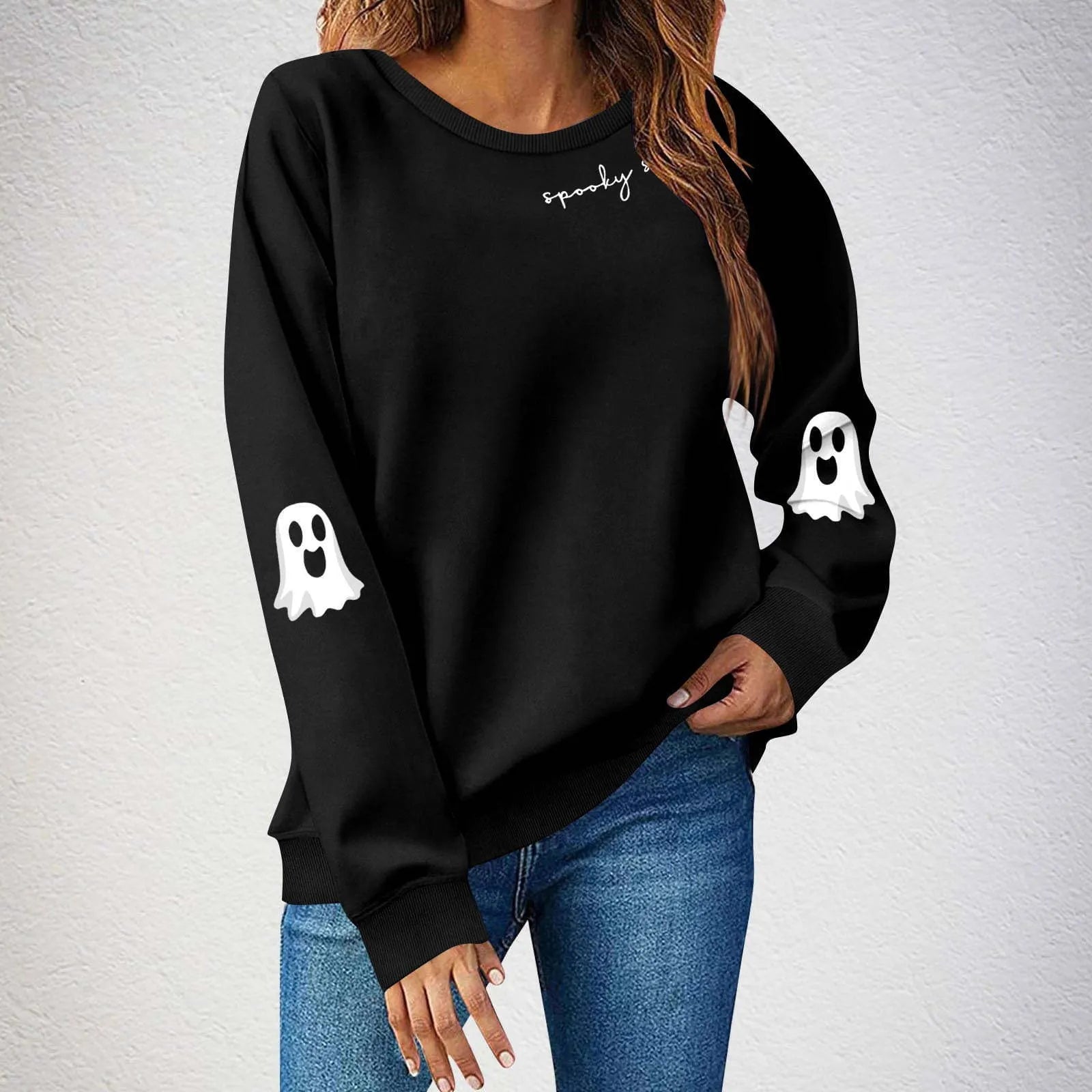 Halloween Spooky Ghost Sleeve Print Crew Neck Sweatshirt