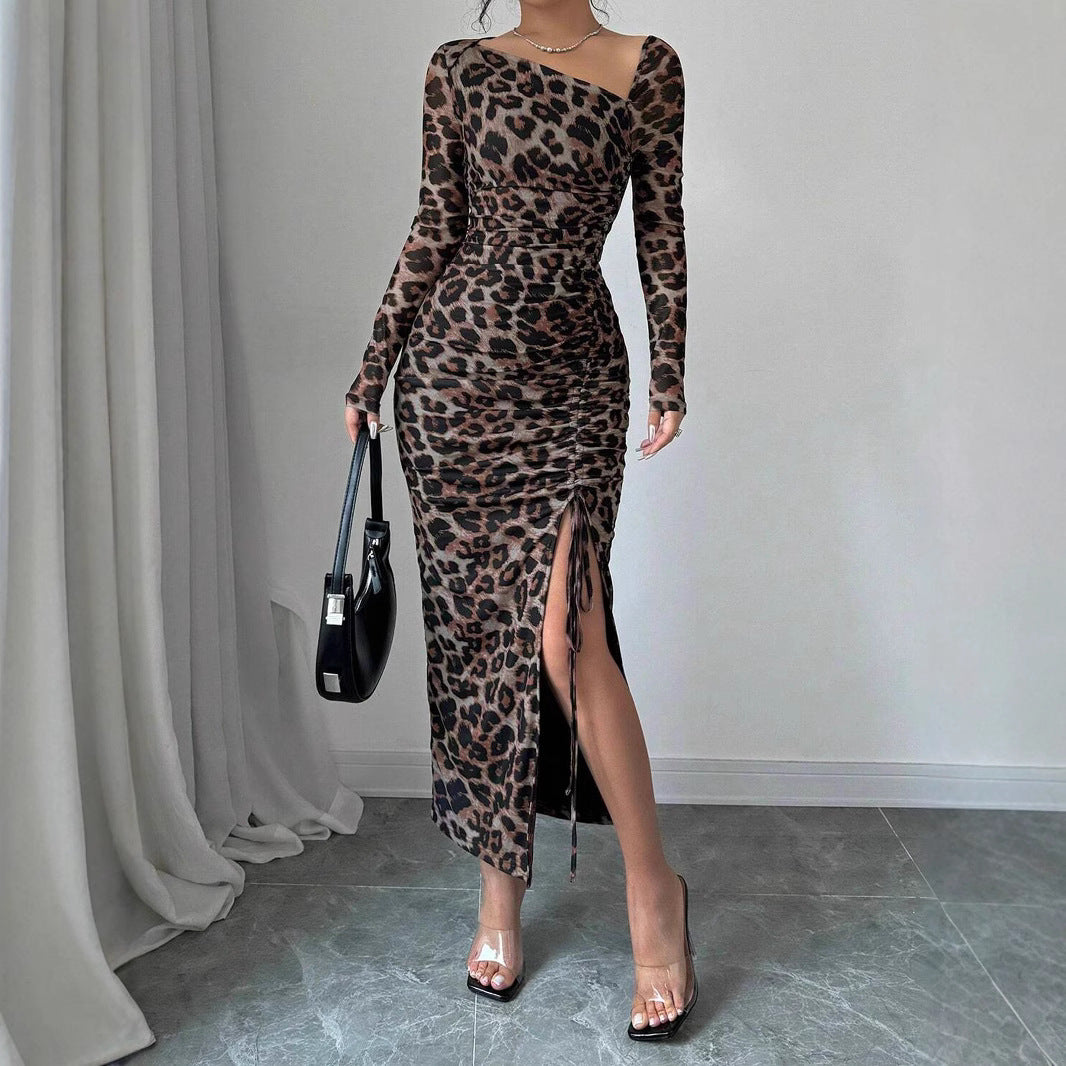 Leopard Print Mesh Midi Dress