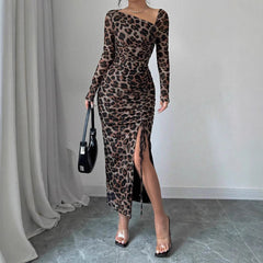 Leopard Print Mesh Midi Dress