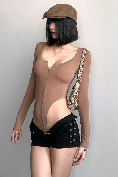 Zip Long Sleeve Bodycon Bodysuit Swimsuit