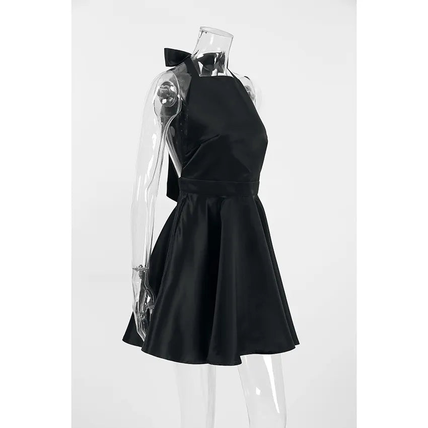 Solid Halter Neck Sleeveless High Waist A-Line Mini Satin Dress