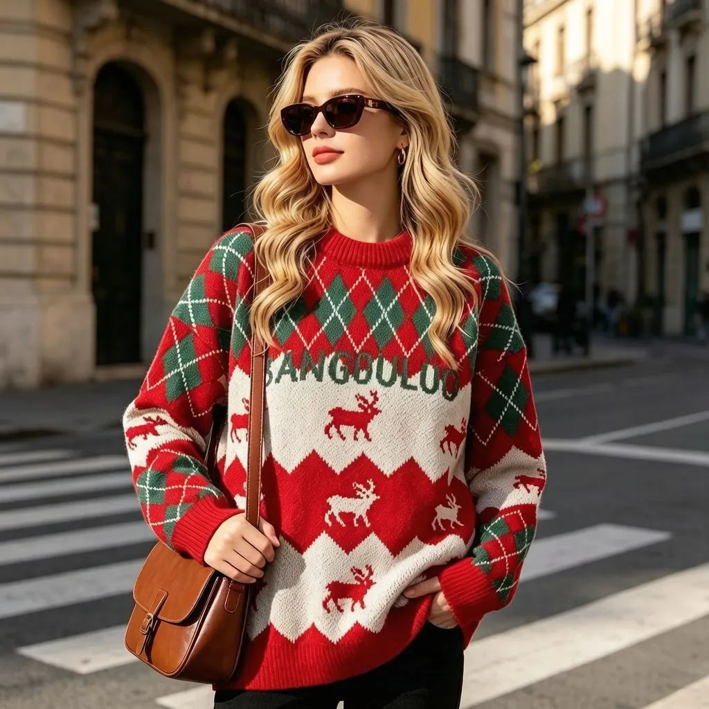 Christmas Reindeer Argyle Knit Sweater, Vintage Fair Isle Crew Neck Oversized Pullover Jumper