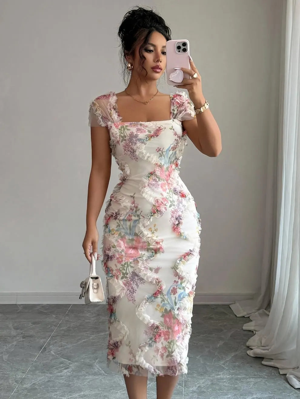 Square Neck Mesh Short Sleeve Floral Print Slim Midi Dress