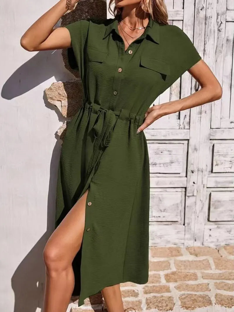 Green Tie-Waist Button-Front Shirt Maxi Dress