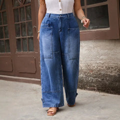 Plus Size Patch Pocket Wide Leg Jeans