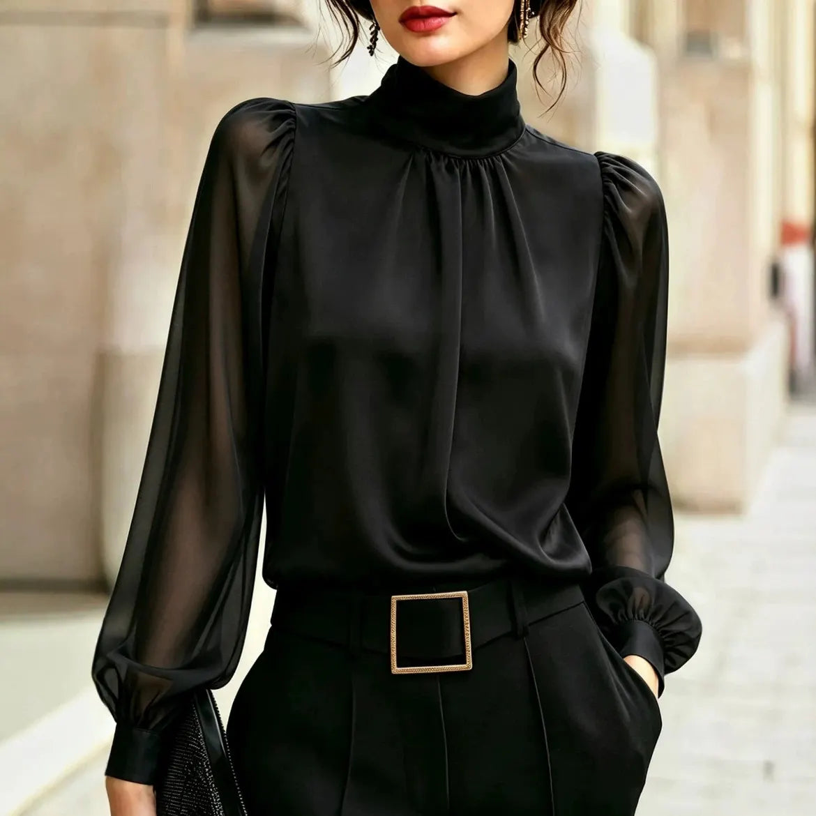 Leopard Print Semi Turtleneck Lantern Long Sleeve Blouse