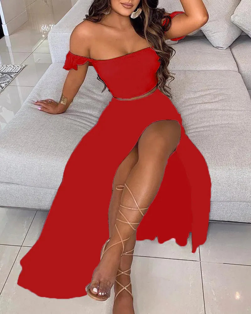 Off Shoulder Ruffle Crop Top & Floral Print High Slit Maxi Skirt 2 Piece Outfit Set