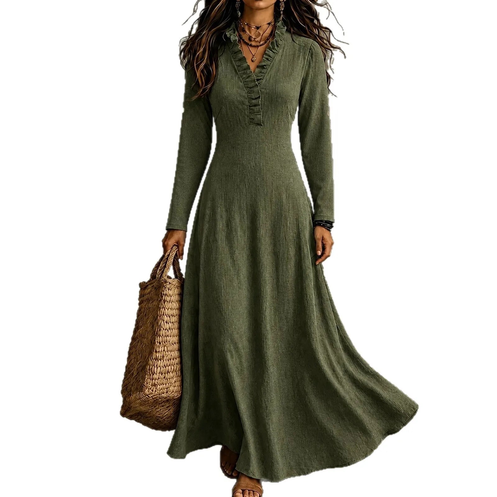 Olive Green Ruffled V-Neck Long Sleeve Flowy Maxi Dress