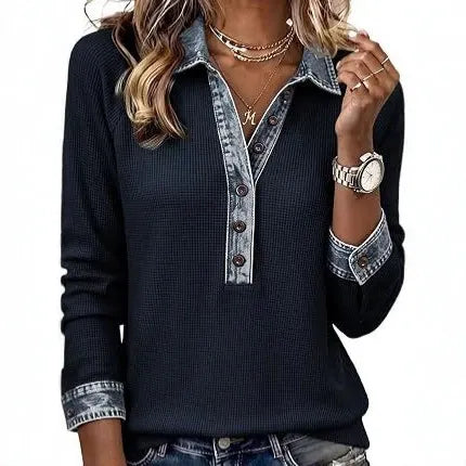Contrast Denim Trim Half Button V-Neck Long Sleeve Blouse