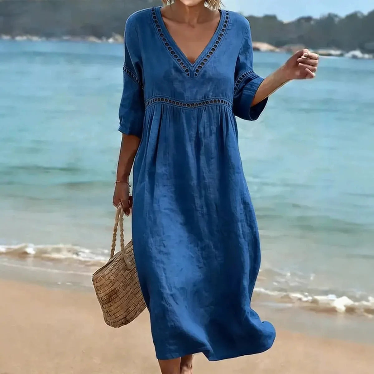 Deep V Neck Embroidery Trim Loose Cotton Linen Pull Pleat Maxi Dress