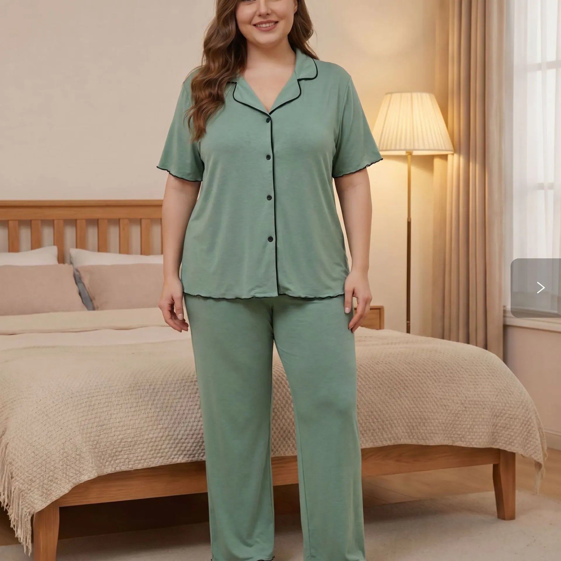 Wavy Lettuce Trim Short Sleeve Top & Long Pants Loungewear