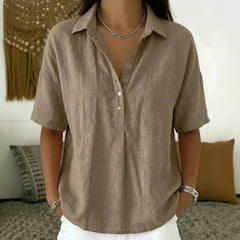 Solid Color Lapel Half-Button Short Sleeve Blouse