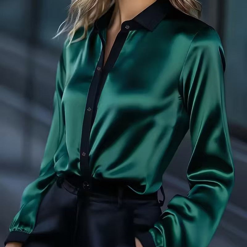 Contrast-Collar Satin Button-Down Shirt