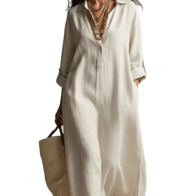 Shirt Collar Seven-Quarter Sleeve Loose Cotton Linen A-Line Maxi Shirt Dress