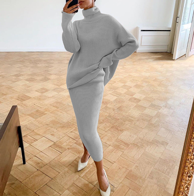 Brown Ribbed Knit Turtleneck & Midi Skirt Set