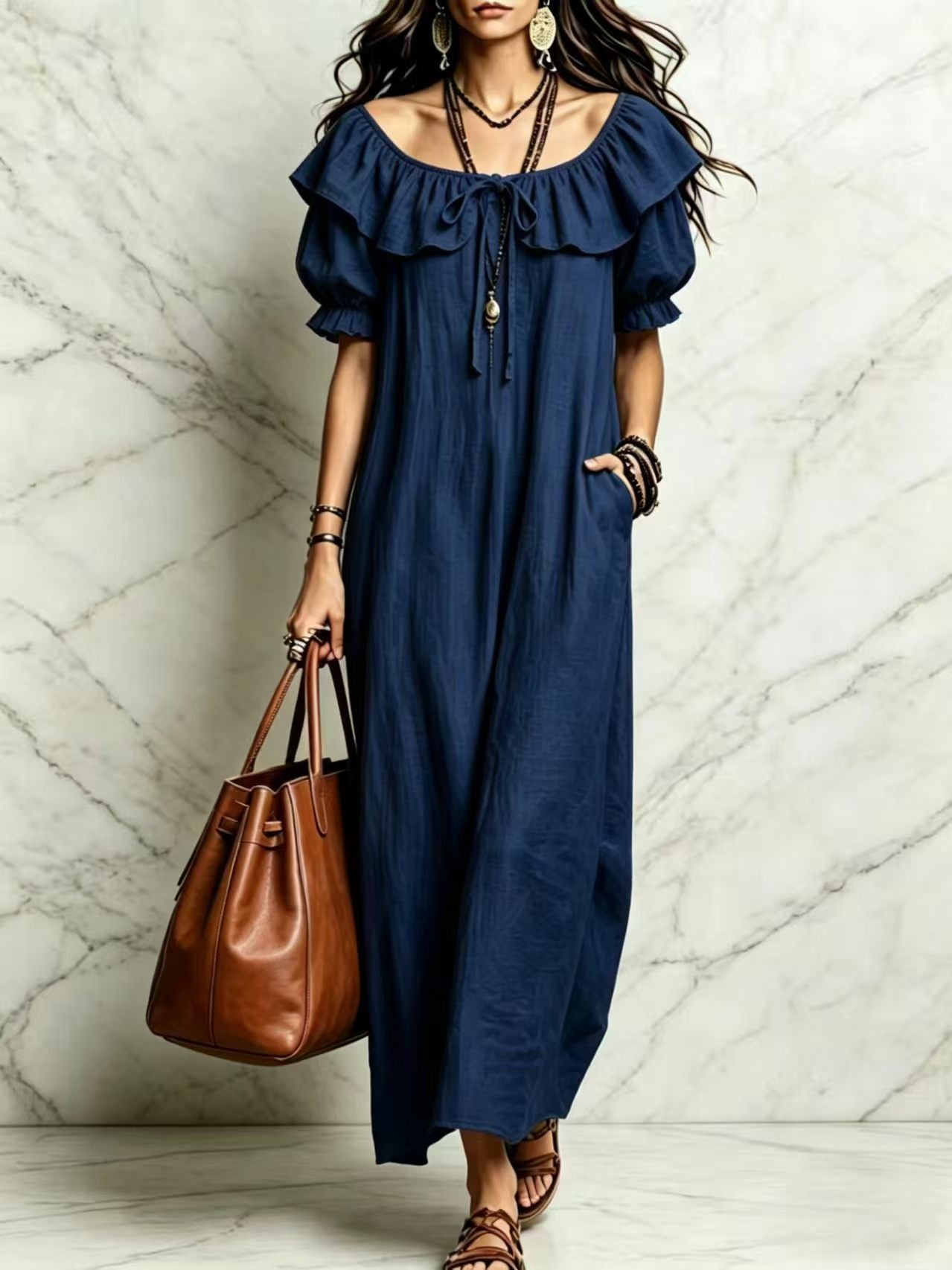 Ruffle Neck Puff Sleeve Maxi Dress