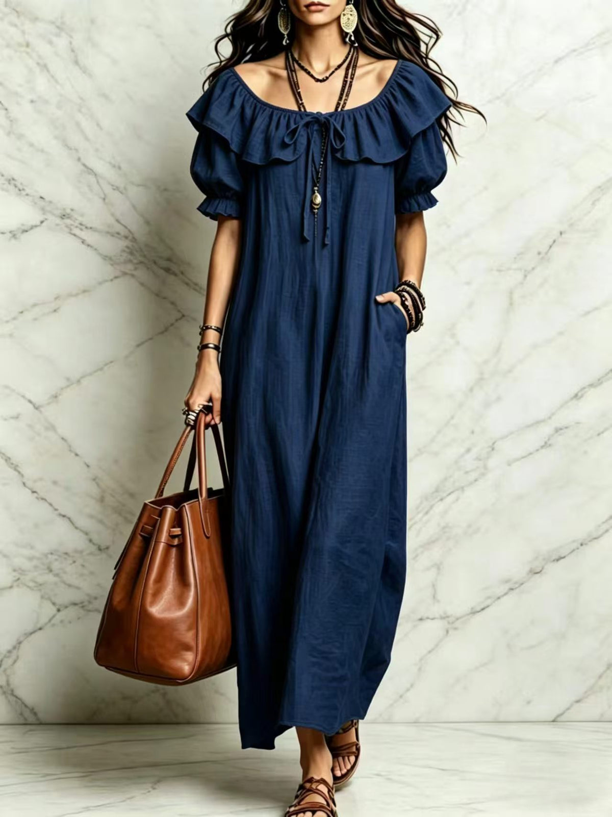 Ruffle Neck Puff Sleeve Maxi Dress