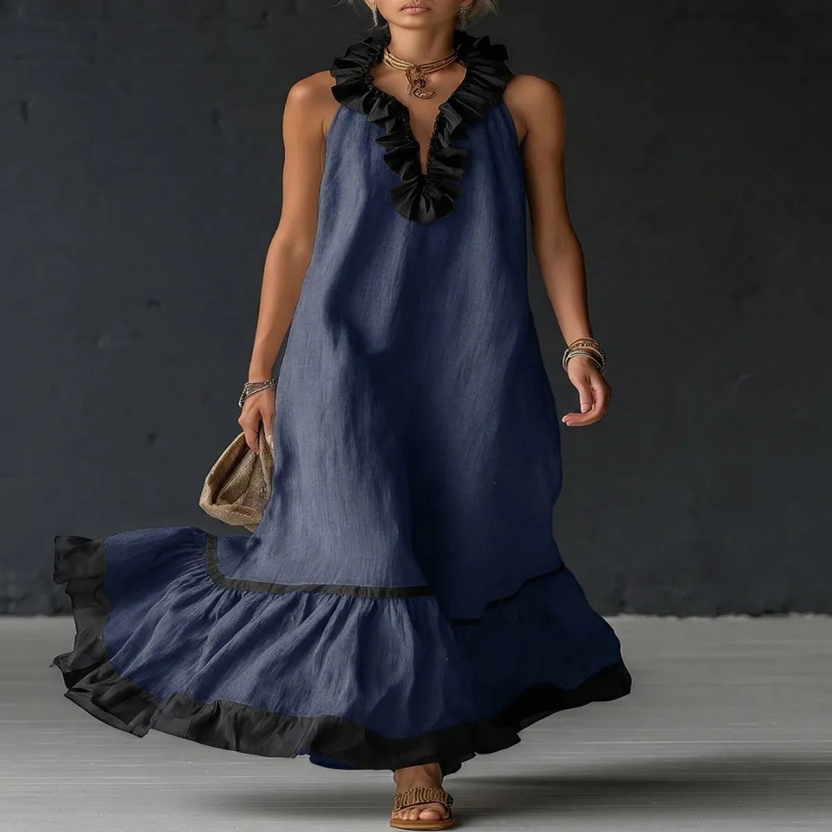 Contrast Ruffle V-Neck Sleeveless Maxi Dress
