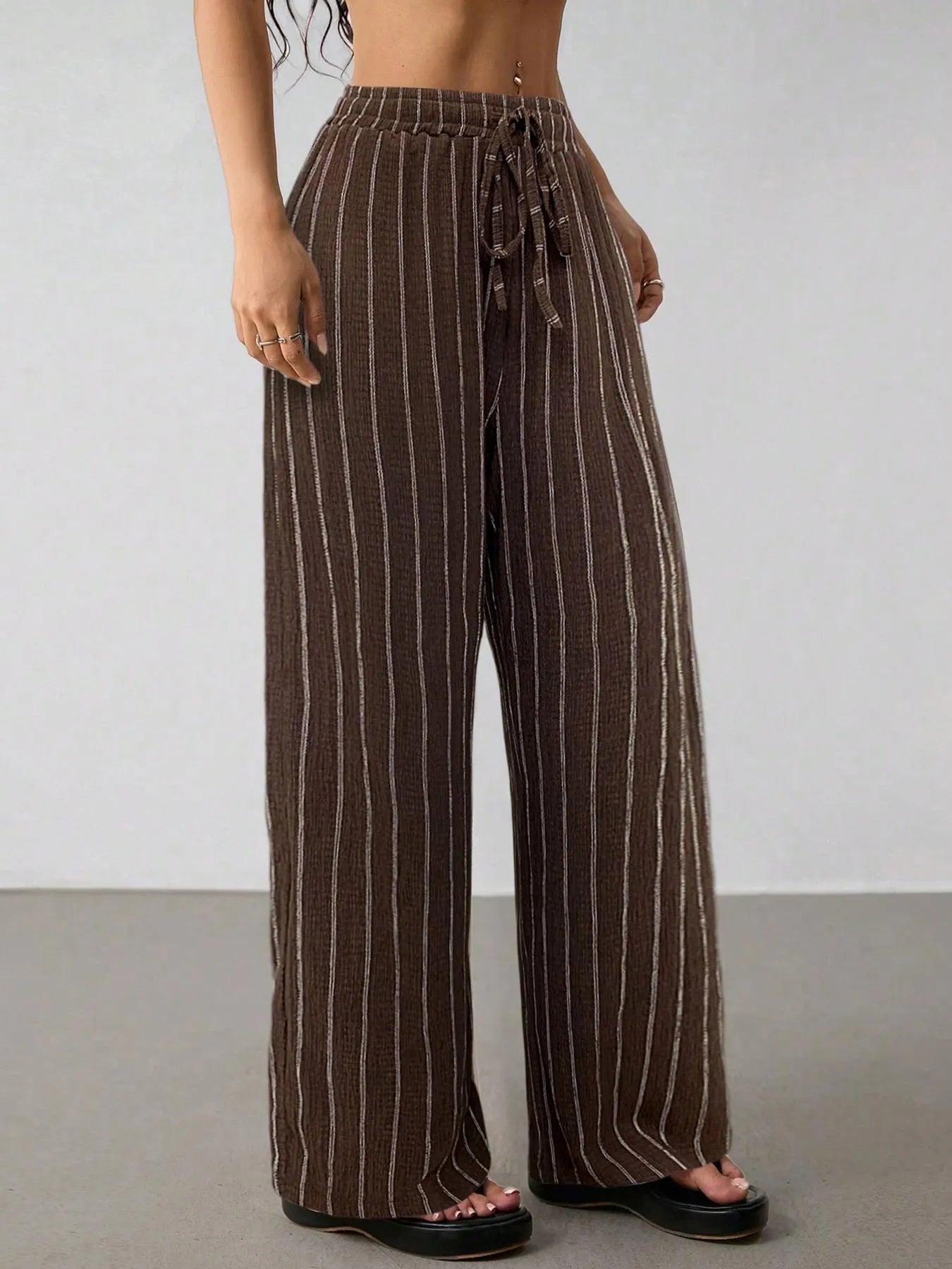 Vertical Striped Elastic Waist Wide Leg Pants