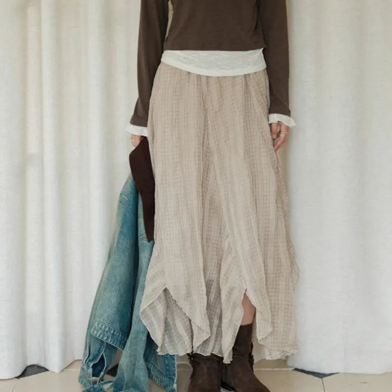 Beige Irregular Ruffled Midi Skirt