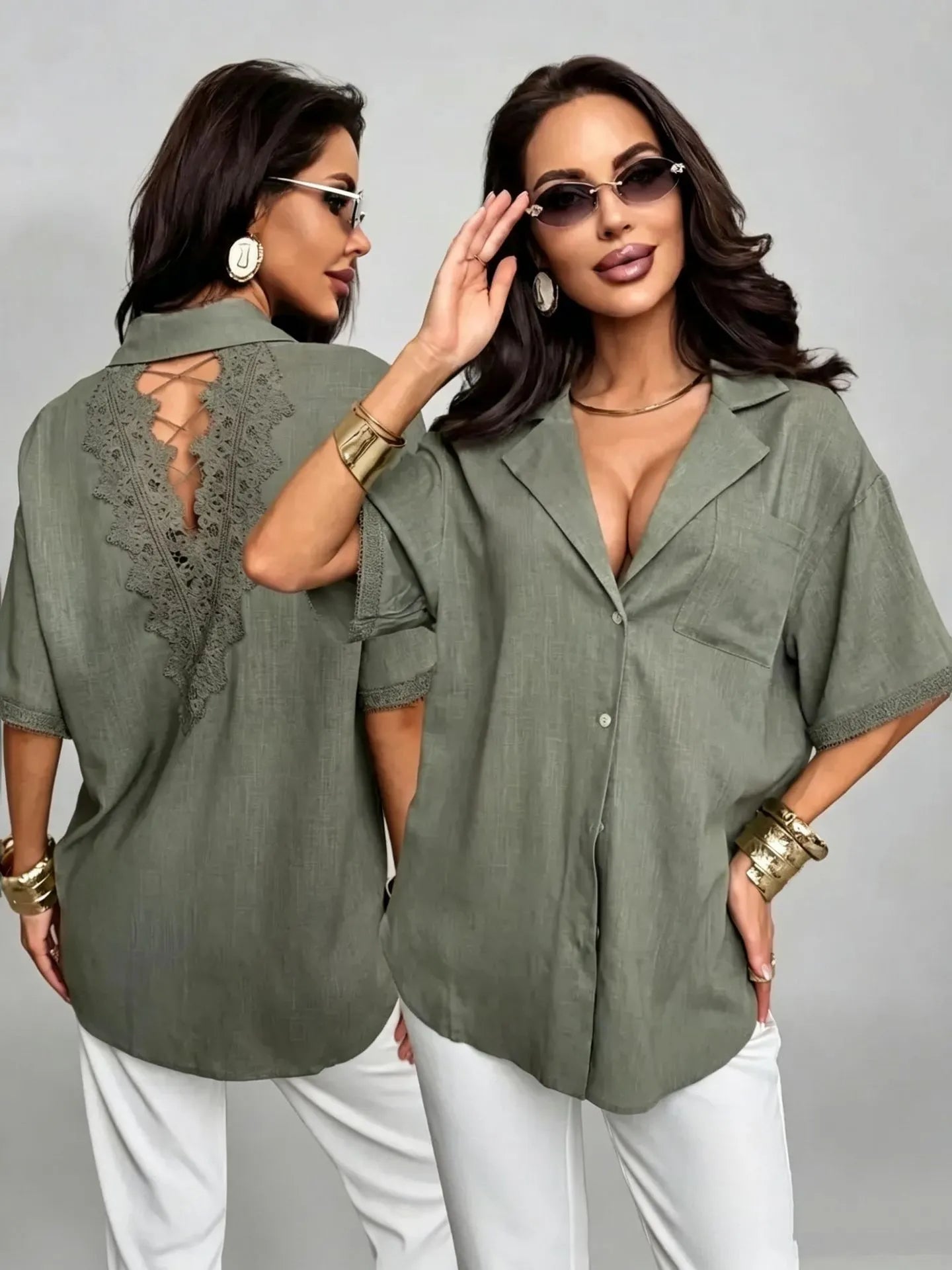 Solid Lapel Short Sleeve Back Hollow Lace Cutout Button Down Shirt