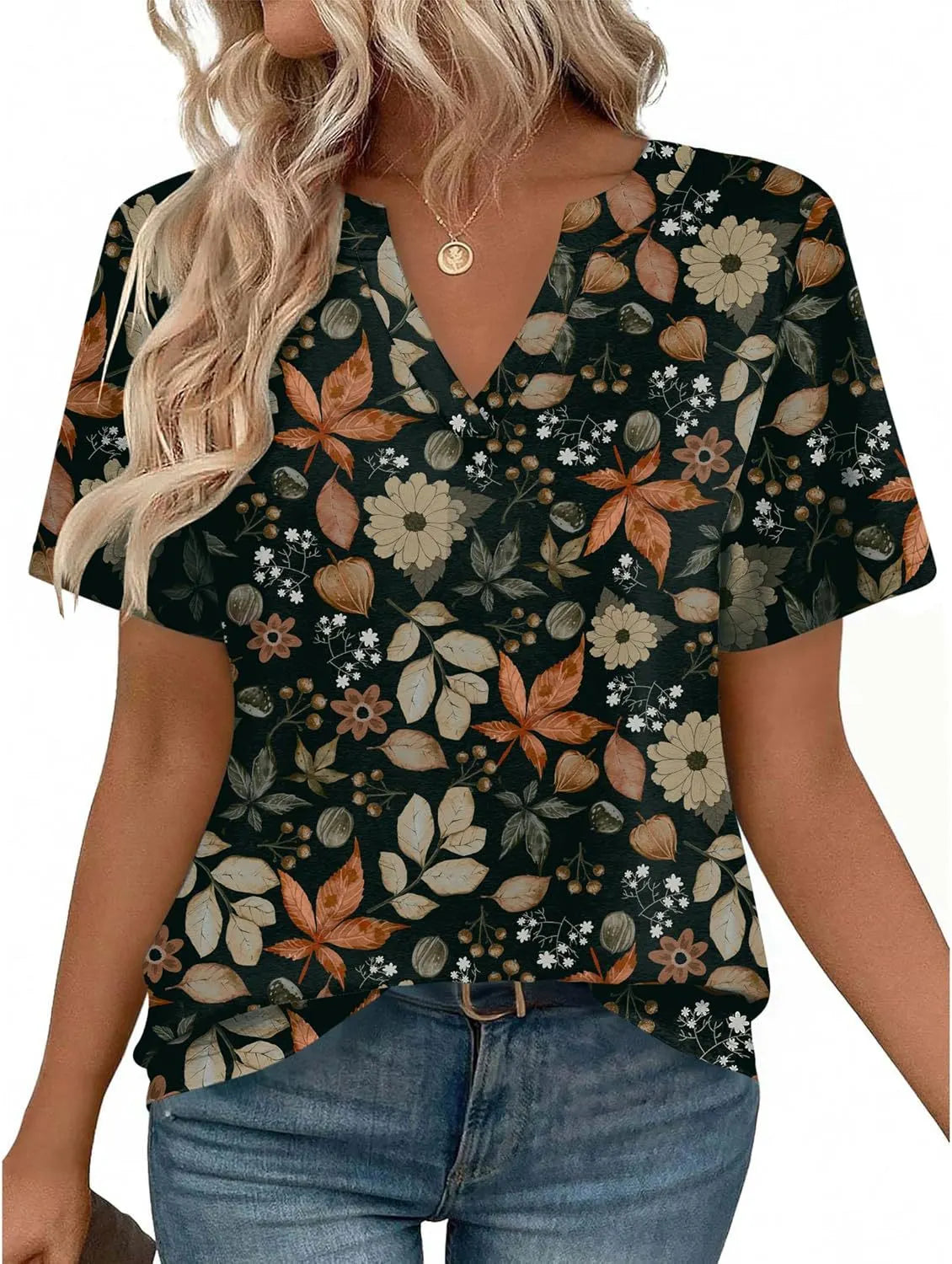Color Block Vertical Stripe Split V Neck Short Sleeve Polyester Pullover Top