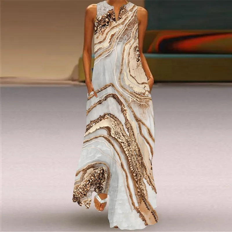 3D Butterfly Print V-Neck Sleeveless Loose A-Line Maxi Dress