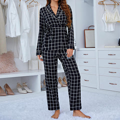 Grid Print Wrap Pajama Set Long Sleeve Belted Lapel Top & Long Pants Lounge Wear