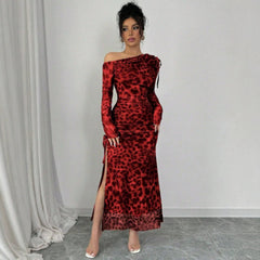 Leopard Print Off-Shoulder Ruched High Slit Long Sleeve Maxi Dress