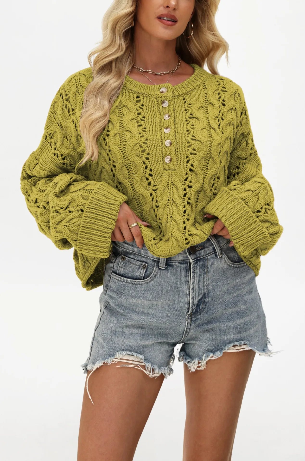 Romantic Hollow Cable Knit Henley Jumper Oversized Button Detail Long Sleeve Sweater