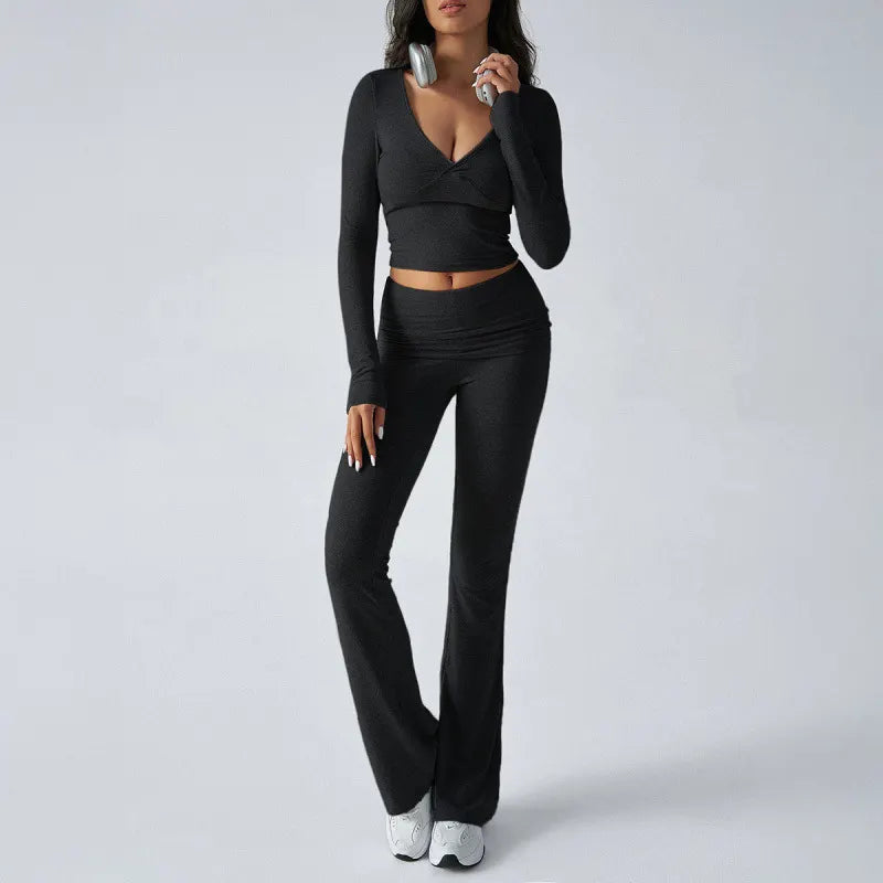 V-Neck Long Sleeve Ruched Crop Top