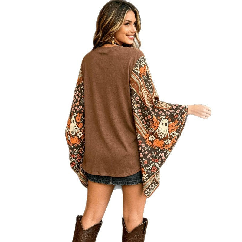 Retro Autumn Halloween Top, Crew Neck Ghost & Pumpkin Print Mixed Pattern Bell Long Sleeve Shirt