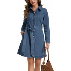 Classic Collared Denim Dress, Tie Belt A-Line Casual Jean Dress