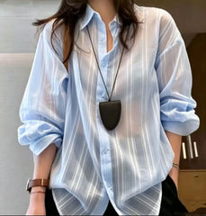 Striped Textured Oversized Button Down Shirt