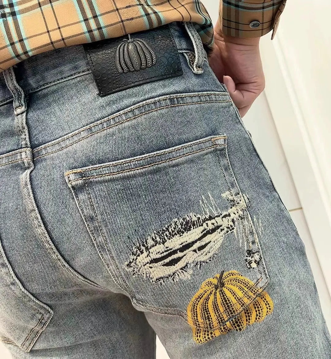 Colorful Pumpkin Print Distressed Skinny Jeans