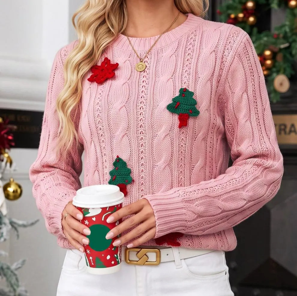 3D Christmas Tree Snowflake Cable Knit Sweater Crew Neck Long Sleeve Holiday Pullover