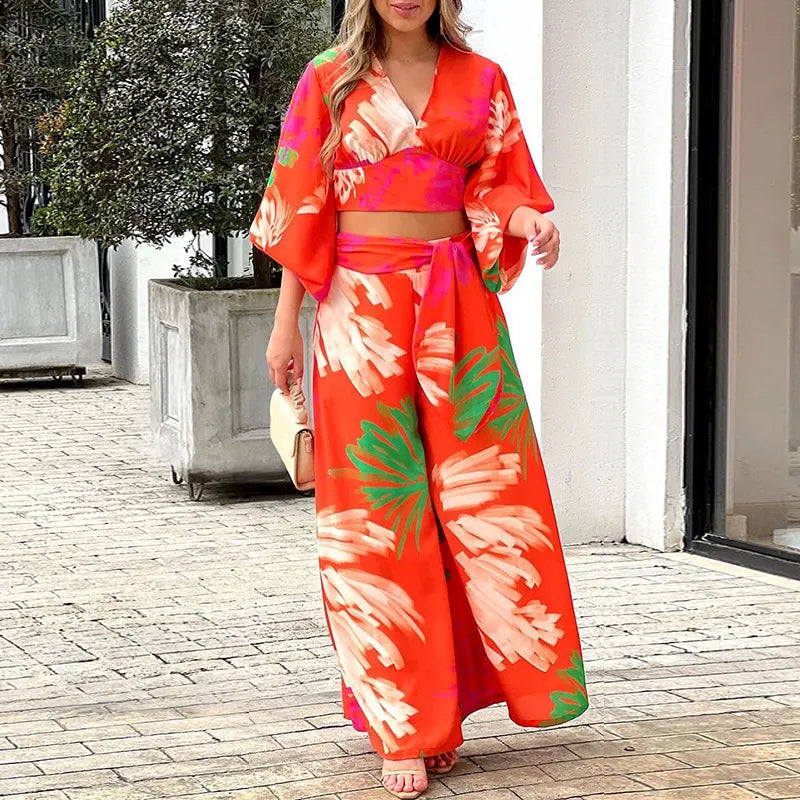 Floral Print V Neck Tie Crop Top & Wide Leg Pants Two Piece Set