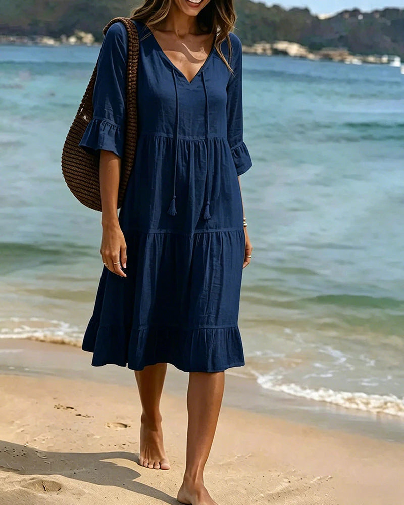 White V-Neck Tiered Ruffle Midi Dress