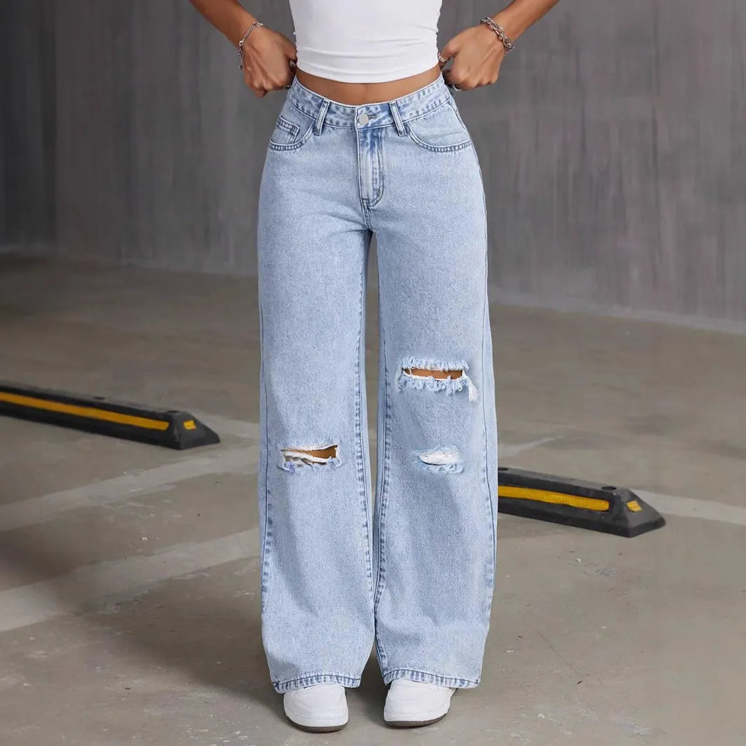 High Waist Casual Distressed Denim Pants