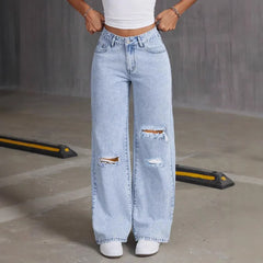 High Waist Casual Distressed Denim Pants