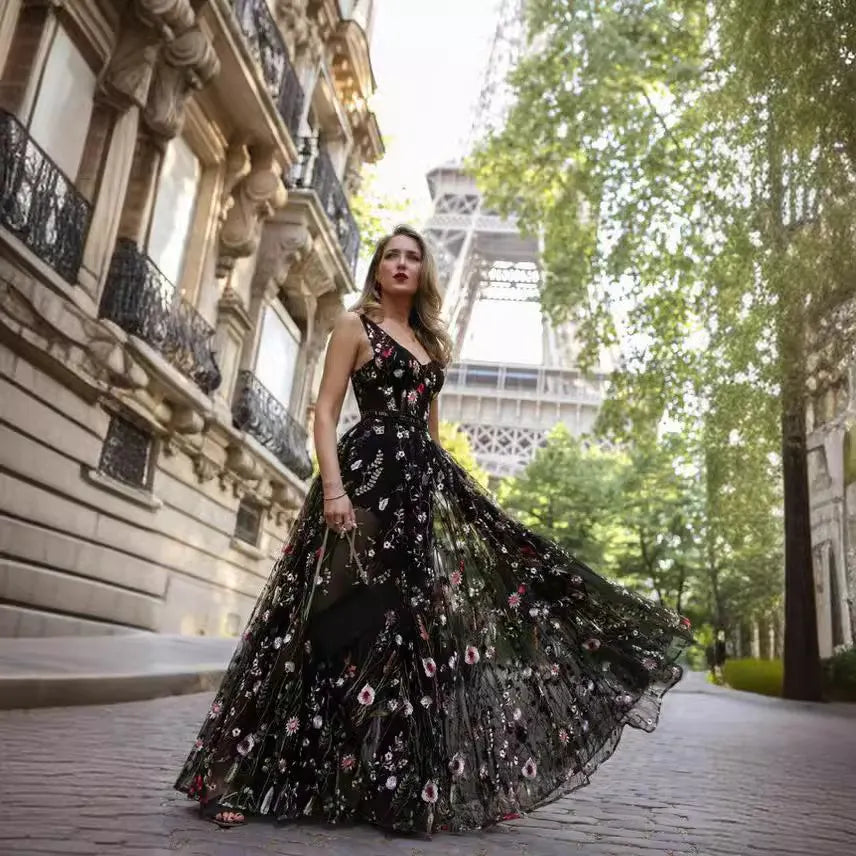 Deep V Sleeveless 3D Floral Embroidery Tulle Maxi Evening Dress