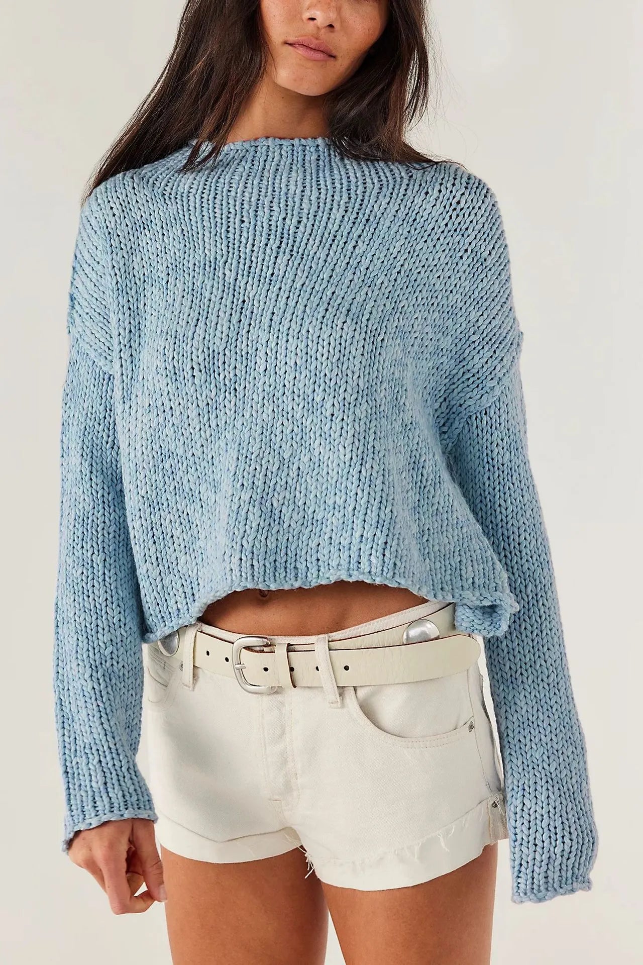 Thick Hand Knit Textured Sweater Crew Neck Long Sleeve Cropped Oversized Top