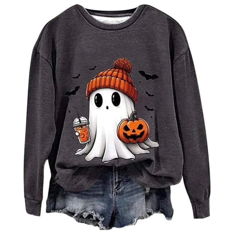 Halloween Ghost Pumpkin Print Crew Neck Sweatshirt