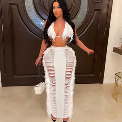 Black Fringe Halter Crop Top & High Waist Slit Maxi Skirt Two Piece Set