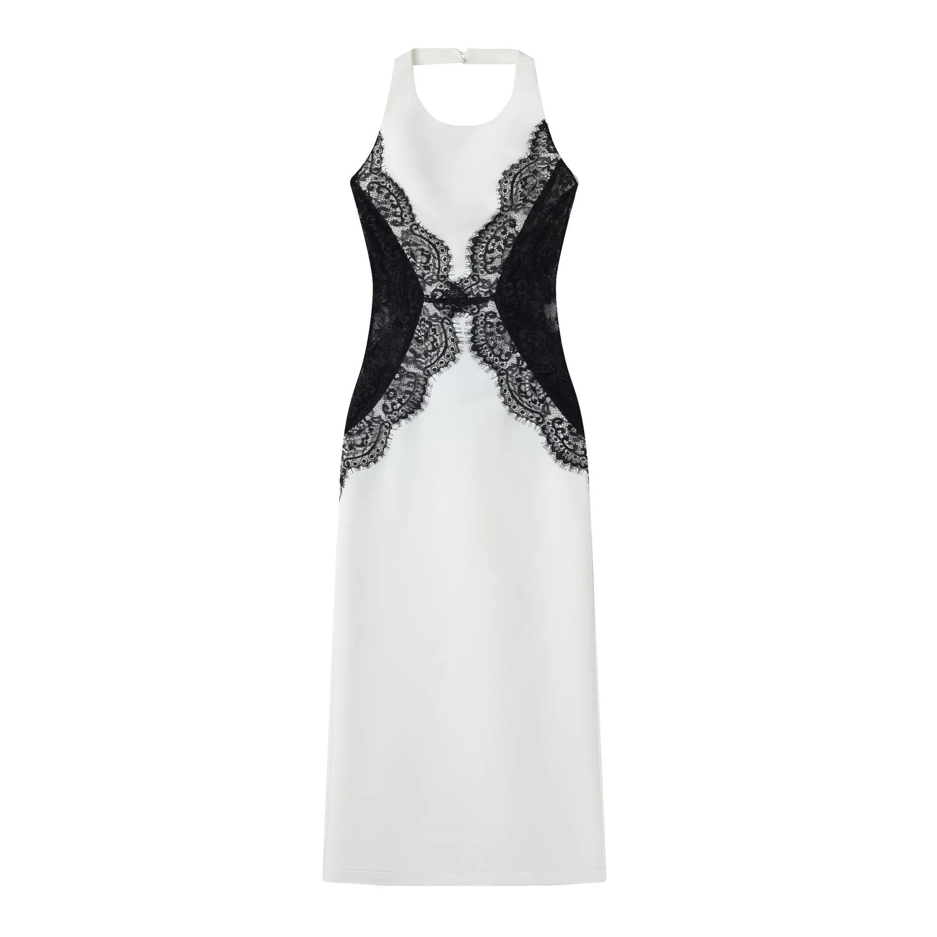 White & Black Lace Maxi Dress, Halter Neck X-Cutout Bodycon Formal Gown