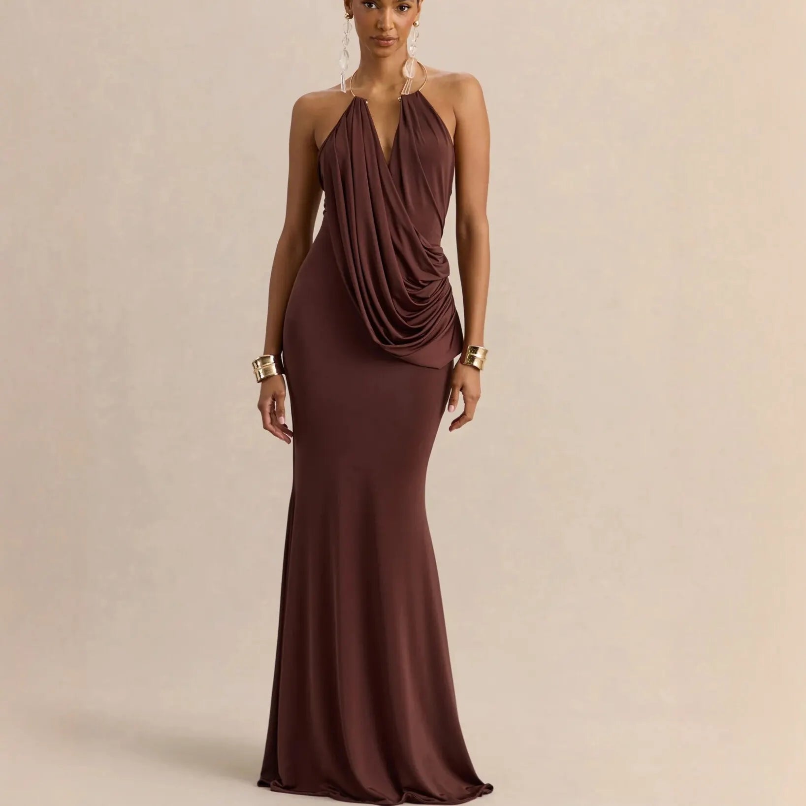 Solid Color Halter Neck Ruched Mermaid Maxi Dress